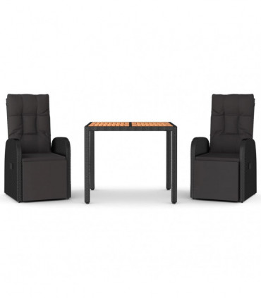 vidaXL 3 Piece Garden Dining Set Black Poly Rattan&Solid Wood Acacia