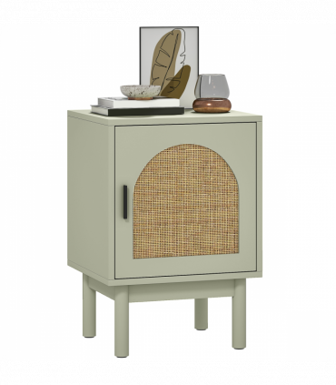 HOMCOM Boho Bedside Table with Rattan Door and Adjustable Shelf, Light Green