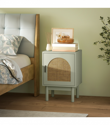 HOMCOM Boho Bedside Table with Rattan Door and Adjustable Shelf, Light Green