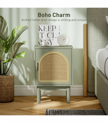 HOMCOM Boho Bedside Table with Rattan Door and Adjustable Shelf, Light Green
