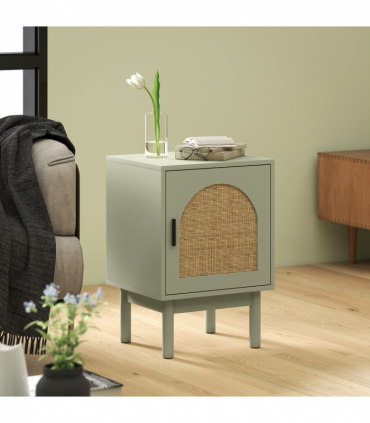 HOMCOM Boho Bedside Table with Rattan Door and Adjustable Shelf, Light Green