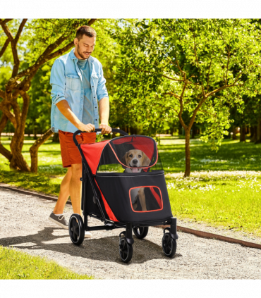 PawHut Foldable Dog Carriage w/ Universal Wheels, Shock Absorber - Red