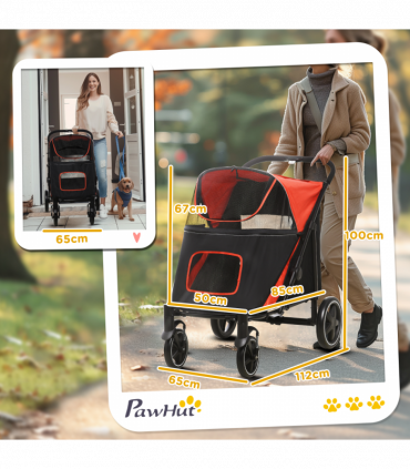PawHut Foldable Dog Carriage w/ Universal Wheels, Shock Absorber - Red