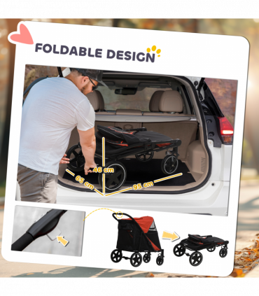 PawHut Foldable Dog Carriage w/ Universal Wheels, Shock Absorber - Red