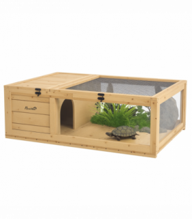 PawHut Tortoise House w/ Mesh Roof, Small Pet Reptile Wooden House - Yellow