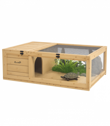 PawHut Tortoise House w/ Mesh Roof, Small Pet Reptile Wooden House - Yellow