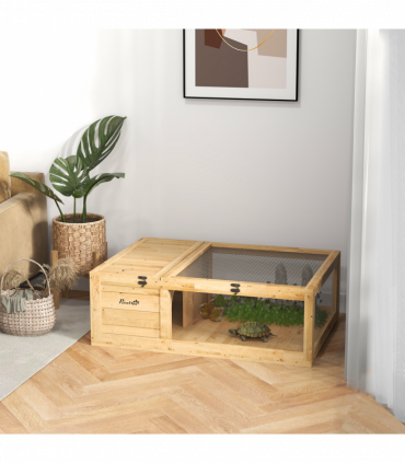 PawHut Tortoise House w/ Mesh Roof, Small Pet Reptile Wooden House - Yellow