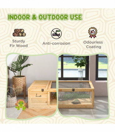 PawHut Tortoise House w/ Mesh Roof, Small Pet Reptile Wooden House - Yellow