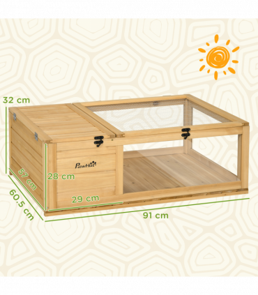 PawHut Tortoise House w/ Mesh Roof, Small Pet Reptile Wooden House - Yellow