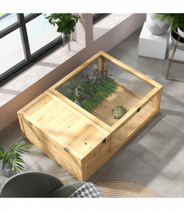 PawHut Tortoise House w/ Mesh Roof, Small Pet Reptile Wooden House - Yellow