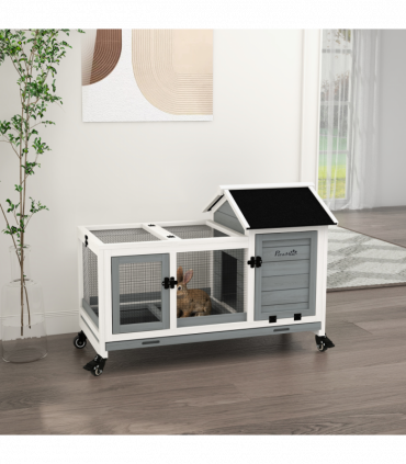 PawHut Wooden Rabbit Hutch, Small Animal  House w/ Wheels, Removable Tray - Grey