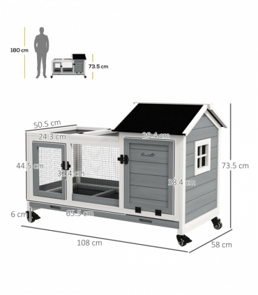 PawHut Wooden Rabbit Hutch, Small Animal  House w/ Wheels, Removable Tray - Grey