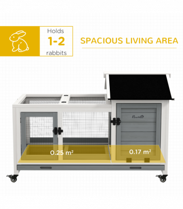PawHut Wooden Rabbit Hutch, Small Animal  House w/ Wheels, Removable Tray - Grey
