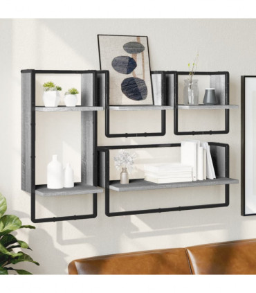 vidaXL 4 Piece Wall Shelf Set with Bars Grey Sonoma Engineered Wood