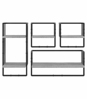 vidaXL 4 Piece Wall Shelf Set with Bars Grey Sonoma Engineered Wood