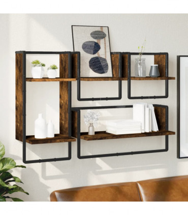 vidaXL 4 Piece Wall Shelf Set with Bars Smoked Oak Engineered Wood