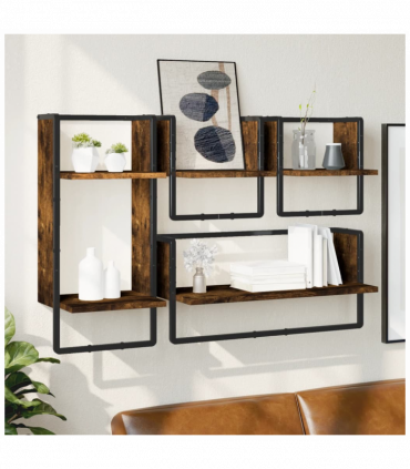 vidaXL 4 Piece Wall Shelf Set with Bars Smoked Oak Engineered Wood
