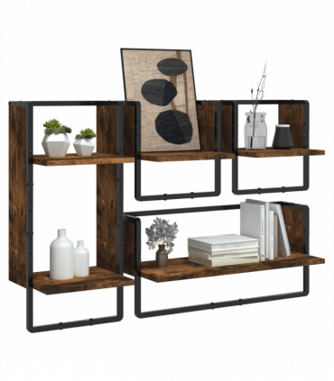 vidaXL 4 Piece Wall Shelf Set with Bars Smoked Oak Engineered Wood