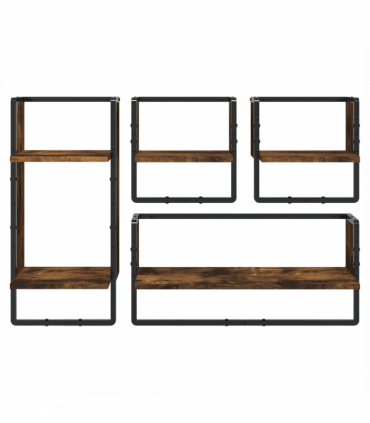 vidaXL 4 Piece Wall Shelf Set with Bars Smoked Oak Engineered Wood