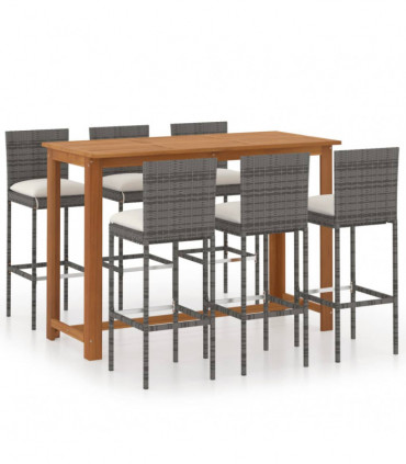 vidaXL 7 Piece Garden Bar Set with Cushions Poly Rattan Grey
