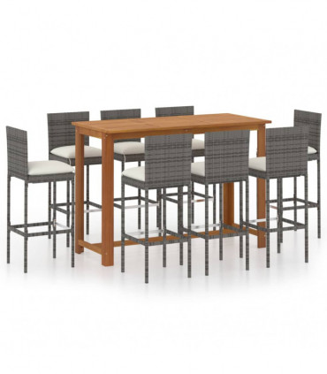 vidaXL 9 Piece Garden Bar Set with Cushions Poly Rattan Grey