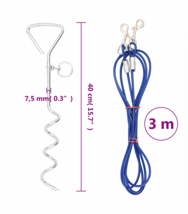 vidaXL Dog Tie Out Cable with Ground Stake 3 m