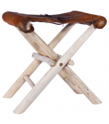 vidaXL Folding Stool Real Leather and Solid Teak Wood