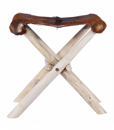 vidaXL Folding Stool Real Leather and Solid Teak Wood