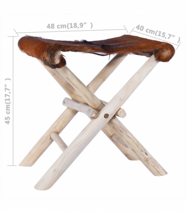 vidaXL Folding Stool Real Leather and Solid Teak Wood