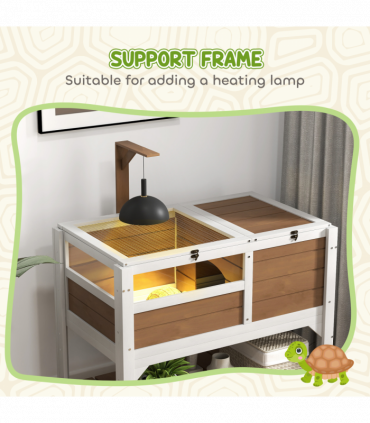 PawHut Wooden Tortoise House w/ Run, Shelter, Shelf, Lamp Holder - Brown