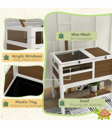 PawHut Wooden Tortoise House w/ Run, Shelter, Shelf, Lamp Holder - Brown
