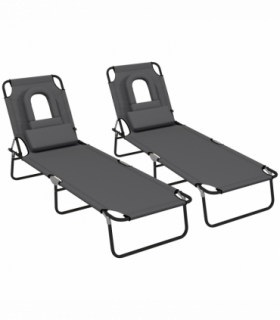 Outsunny Folding Sun Lounger Set of 2 Reclining Chair with Reading Hole Grey