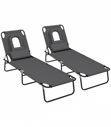 Outsunny Folding Sun Lounger Set of 2 Reclining Chair with Reading Hole Grey