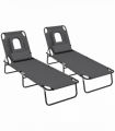 Outsunny Folding Sun Lounger Set of 2 Reclining Chair with Reading Hole Grey