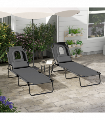 Outsunny Folding Sun Lounger Set of 2 Reclining Chair with Reading Hole Grey