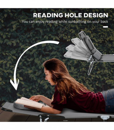 Outsunny Folding Sun Lounger Set of 2 Reclining Chair with Reading Hole Grey