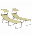Outsunny Folding Sun Lounger Set of 2 with Sunshade Adjustable Backrest Beige