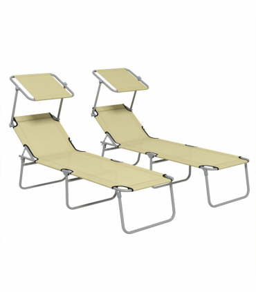 Outsunny Folding Sun Lounger Set of 2 with Sunshade Adjustable Backrest Beige