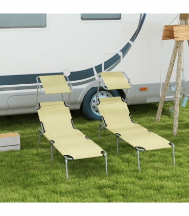 Outsunny Folding Sun Lounger Set of 2 with Sunshade Adjustable Backrest Beige