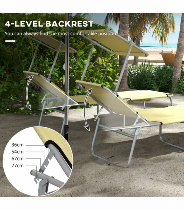 Outsunny Folding Sun Lounger Set of 2 with Sunshade Adjustable Backrest Beige