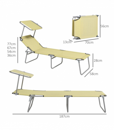 Outsunny Folding Sun Lounger Set of 2 with Sunshade Adjustable Backrest Beige