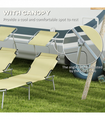 Outsunny Folding Sun Lounger Set of 2 with Sunshade Adjustable Backrest Beige