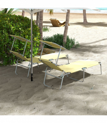 Outsunny Folding Sun Lounger Set of 2 with Sunshade Adjustable Backrest Beige