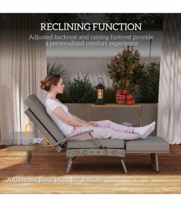 Outsunny Foldable Rattan Garden Recliner Chair w/ Cushion, Footrest, Grey