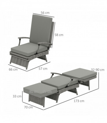 Outsunny Foldable Rattan Garden Recliner Chair w/ Cushion, Footrest, Grey