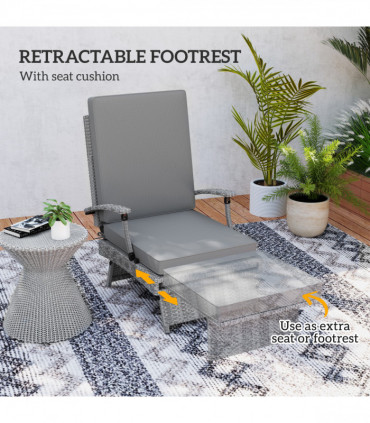 Outsunny Foldable Rattan Garden Recliner Chair w/ Cushion, Footrest, Grey