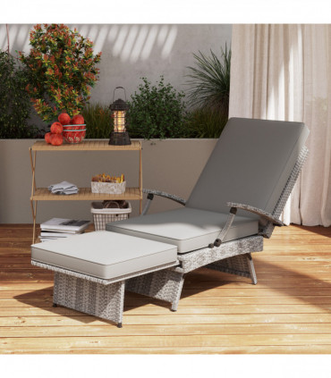 Outsunny Foldable Rattan Garden Recliner Chair w/ Cushion, Footrest, Grey