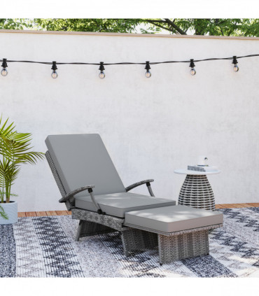 Outsunny Foldable Rattan Garden Recliner Chair w/ Cushion, Footrest, Grey
