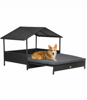 PawHut Extendable Rattan Dog House with Water-Resistant Roof, Cushion - Grey