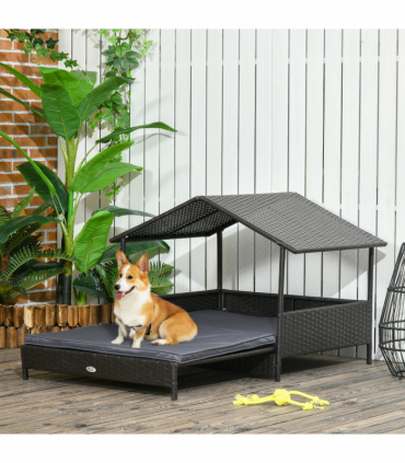 PawHut Extendable Rattan Dog House with Water-Resistant Roof, Cushion - Grey